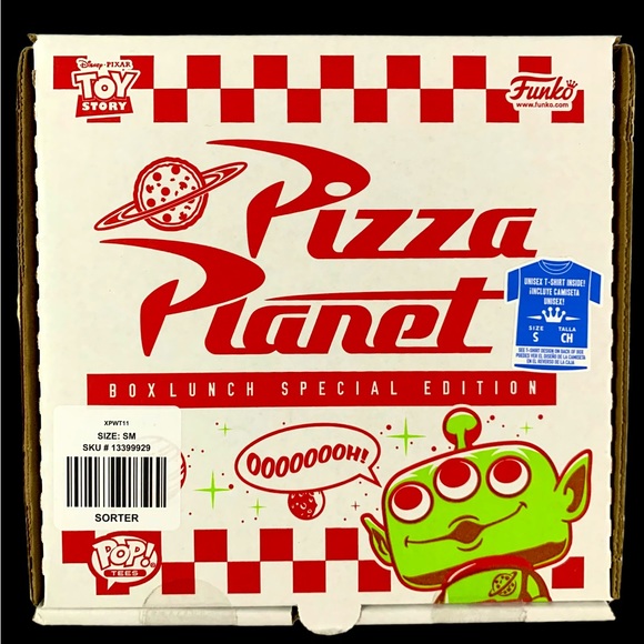 Exclusive BoxLunch 2020 Pizza Planet S Tee & Glitter Translucent Alien Funko Pop - Picture 6 of 11